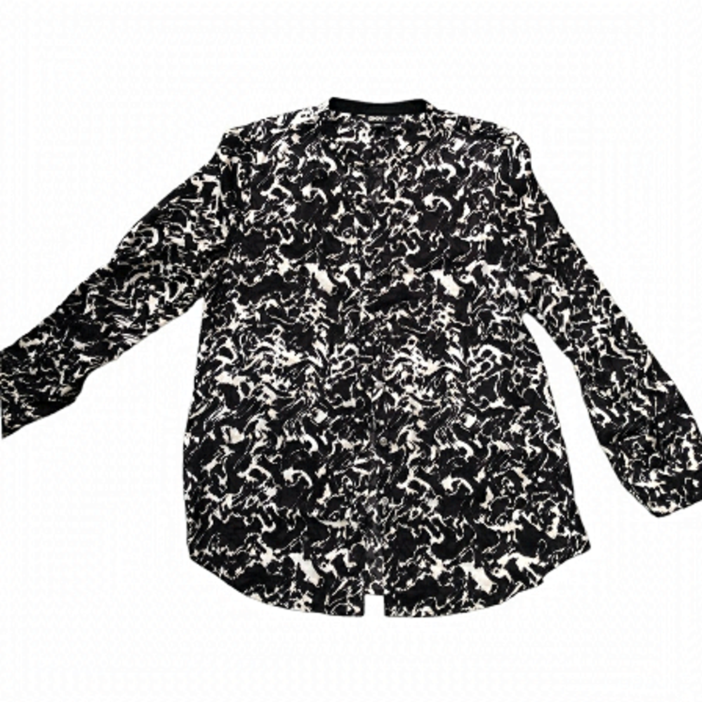 Dkny button down blouse white black pattern shirt size L